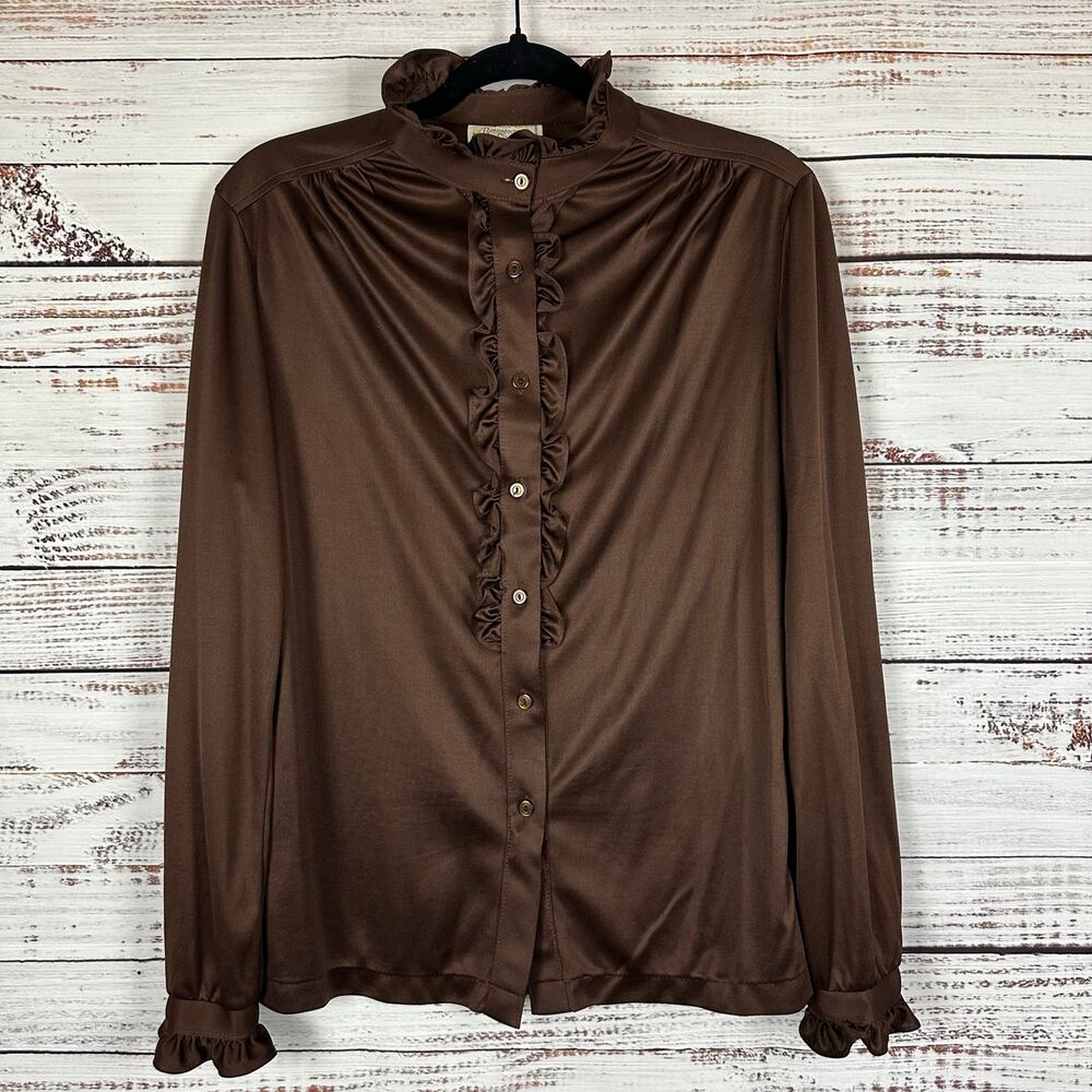 VTG 80s Contemporary Classics Brown Polyester Button Up Blouse Ruffle Womens M
